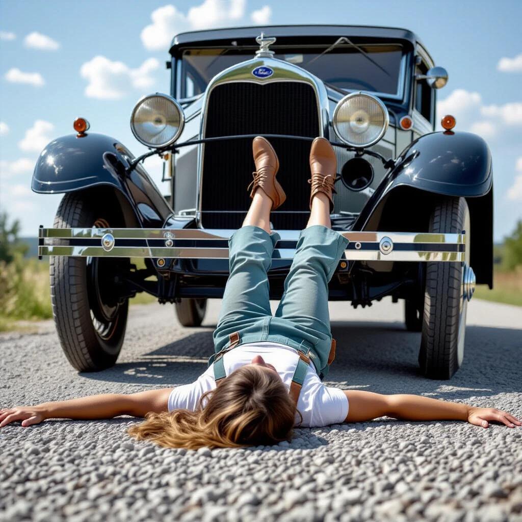 Woman lies on ground under vintage Ford Model car. Legs stretched out with soles facing camera. Gravel texture visible around. Companion stands near bumper. High grain photography style evokes a historical feel.
