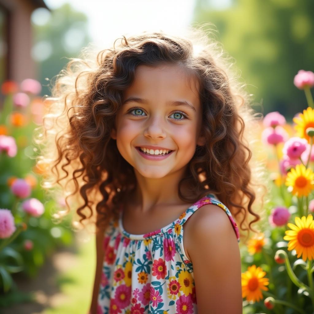 The image captures the joyful expression of a young girl standing amidst a vibrant flower garden. Her curly hair frames her face beautifully as she smiles broadly, exuding happiness. The background is filled with colorful blooms in shades of yellow, pink, and orange, enhancing the cheerful atmosphere. The scene is bathed in soft, natural sunlight, accentuating the girl's playful summer dress with floral patterns. This enchanting outdoor setting invites viewers to imagine a sunny day spent in nature, surrounded by beauty.