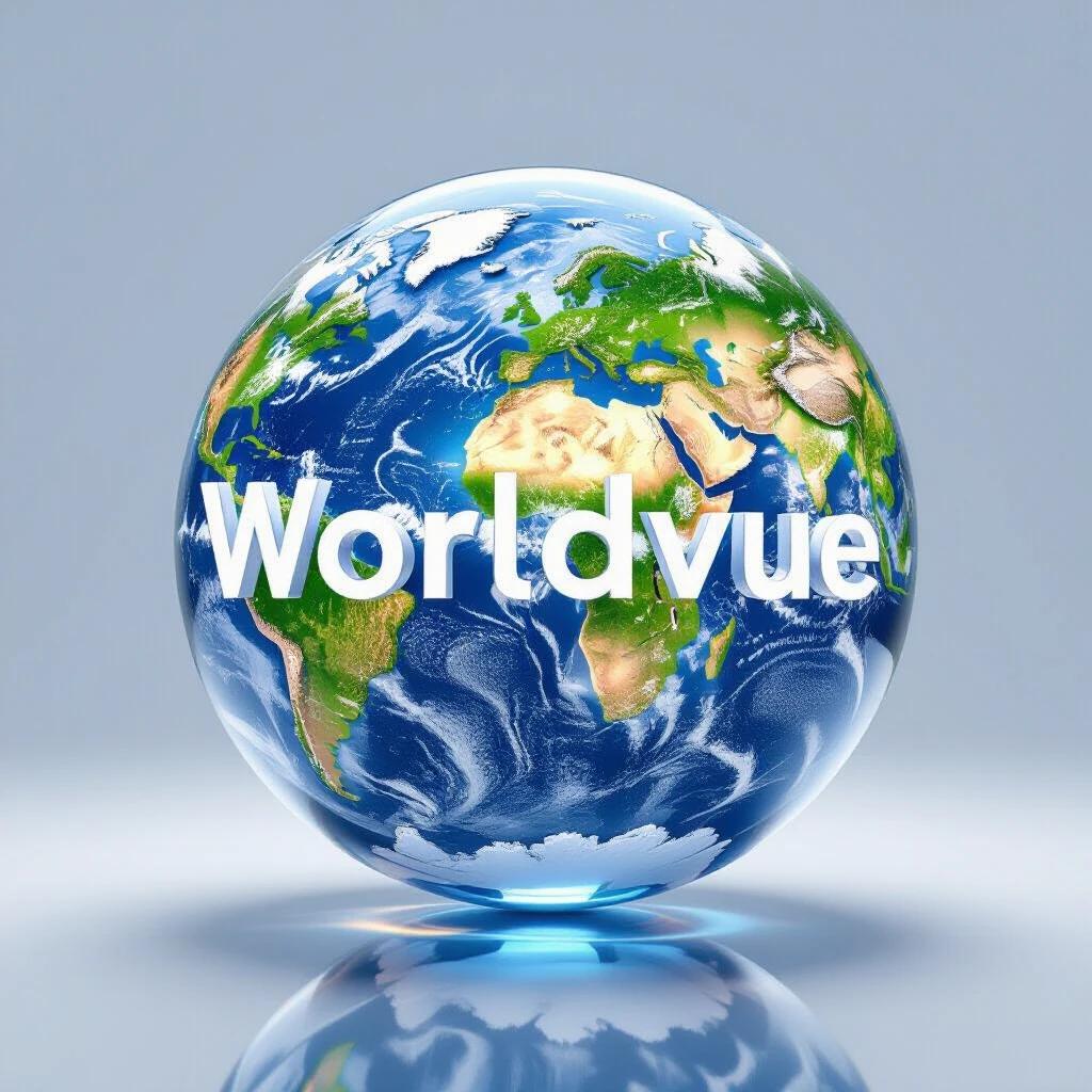 A glass orb displays the word 'Worldvue'. The orb reflects global landscapes and cityscapes. It floats in a minimalist void. The reflections are hyper-realistic and vibrant. Lighting emphasizes clarity and detail. Focus on light refraction and shallow depth of field.