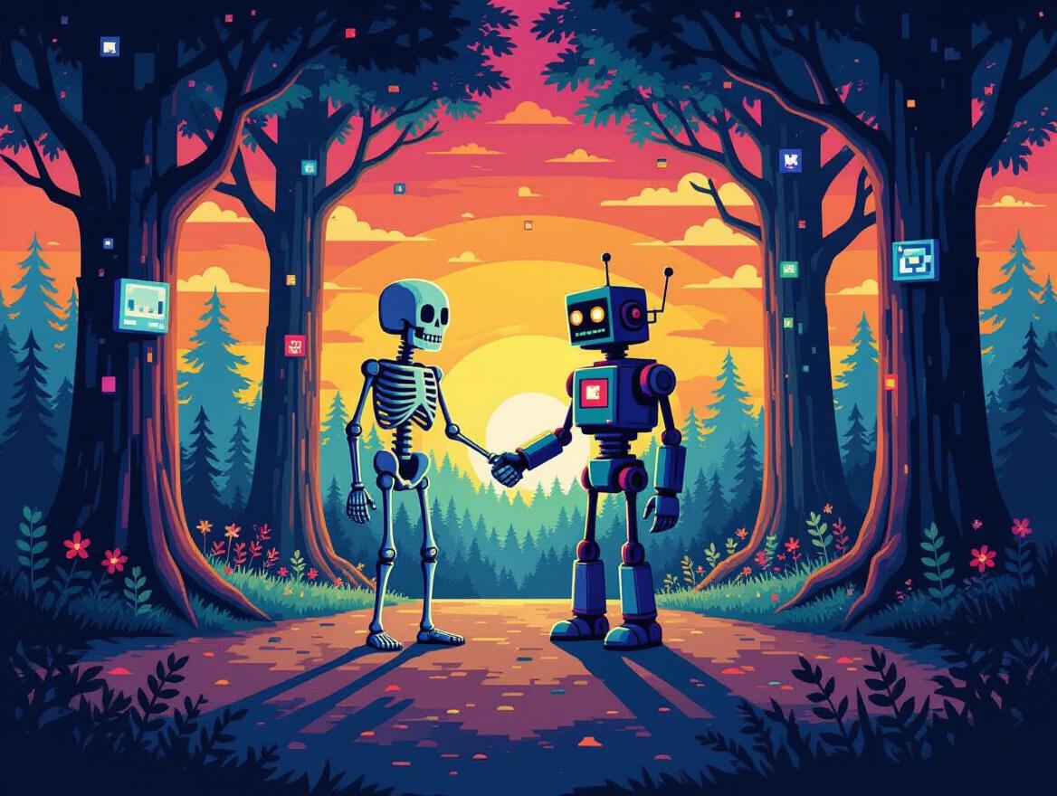 A twilight forest with organic cable trees and pixelated roots has screen fruits displaying unstable smiling faces. Centered is a dramatic dance between a human skeleton clad in wrinkled memories and a glowing-eyed robot, their dance creates an infinity symbol on a fractured mirror. Below the mirror are shadowy figures with cubic heads adorned with GAFAM logos. Artistic style is dreamlike cyberpunk with detailed digital painting.
