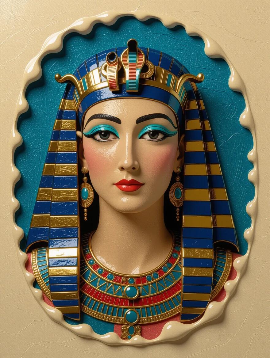 Artwork combining Dürer and Haeckel inspiration. A stylized representation of Cleopatra with vibrant colors and a textured surface. Features a 3D effect with multiple layers. The composition showcases beauty and depth. Magical and stunning imagery.