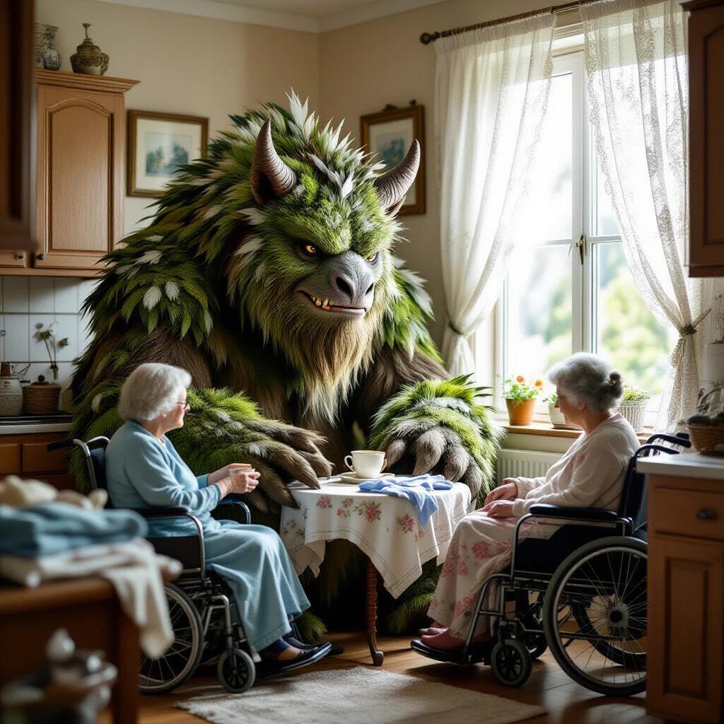 A realistic kitchen scene features a massive, kind beast covered in moss and feathers. The beast sets a cup of tea in front of an elderly woman in a wheelchair. Another creature folds laundry. Light streams through lace curtains, creating a cozy atmosphere. The scene blends photorealistic textures and magical elements.