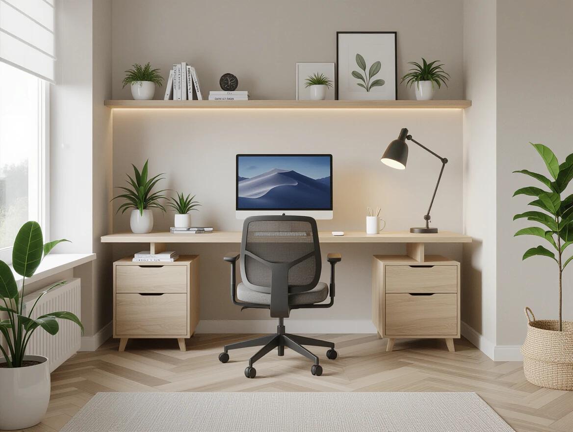 Modern work from home interior designed for comfort and productivity. Single desk setup featuring a single monitor and an ergonomic chair. Desk elevated slightly above floor level for an organized look. Soft ambient lighting along with natural daylight streaming through side window. Layout is minimalist and well-structured. Flooring appears polished or matte, with textured walls subtly adding character. Workspace displays managed cables and includes small indoor plants.