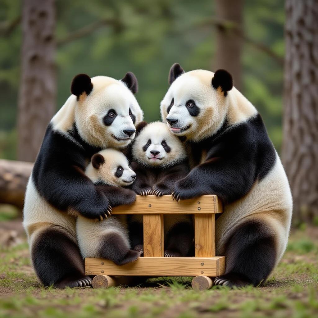Panda cub with two adult pandas in a natural setting. The family interacts over a wooden stool. Soft focus on the greenery in the background.