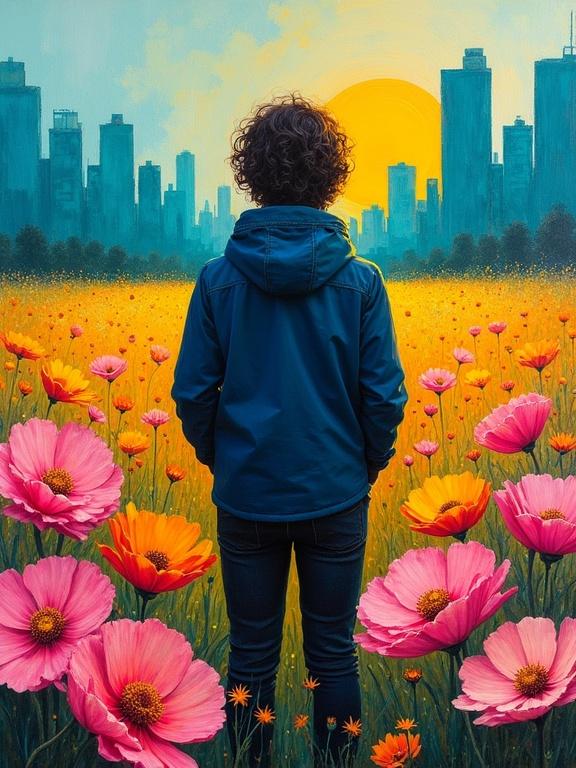 Vibrant oil painting features figure in dark blue jacket. Figure has curly hair viewed from behind. Lush garden of large flowers in pink and orange hues fills foreground. Background shows cityscape with teal buildings and warm yellow sun. Impressionistic style with bold brushstrokes in sky and flowers. Vertical composition with figure in lower third.