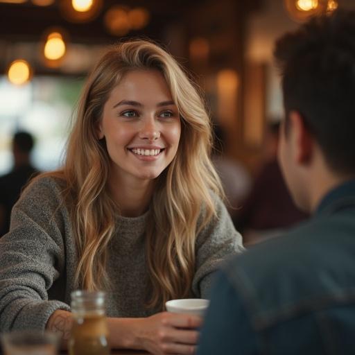 Ultra-realistic photo of a blonde woman with brown eyes. She embodies being a supportive friend. Engaging in conversation in a cozy coffee shop atmosphere. The scene reflects daily anxiety, support, and empathy. Warm lighting enhances the relaxed mood.