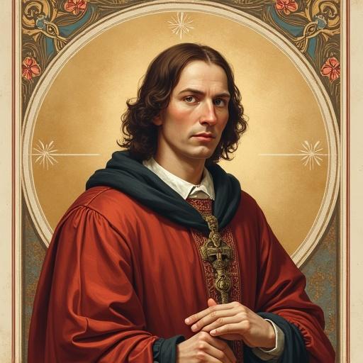 Create an inspiring classical poster showing Nicolaus Copernicus wearing Renaissance clothing. Include his name at the top in elegant serif font. Show a thoughtful expression with a cosmic background. Add the quote about the Sun at the bottom.