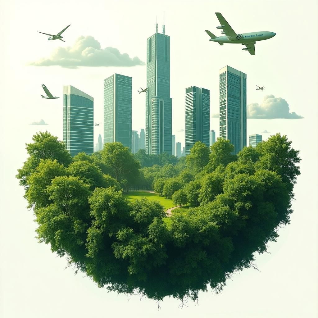 This conceptual image represents a sustainable future in Singapore. It combines a futuristic city skyline with lush, overgrown greenery to symbolize harmony between urban development and nature. The heart-shaped green area signifies love for the environment, while buildings represent corporate sustainability efforts. Airplanes in the sky suggest connectivity and progress, while still aligning with eco-friendly practices. The overall ambiance speaks to a vision of a carbon-neutral future, blending business innovation with nature-friendly initiatives.