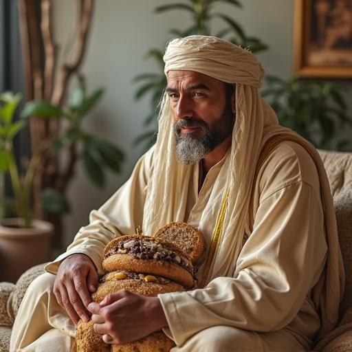A man in traditional attire sitting on a sofa. He holds various types of bread. The scene has soft natural lighting and greenery in the background.