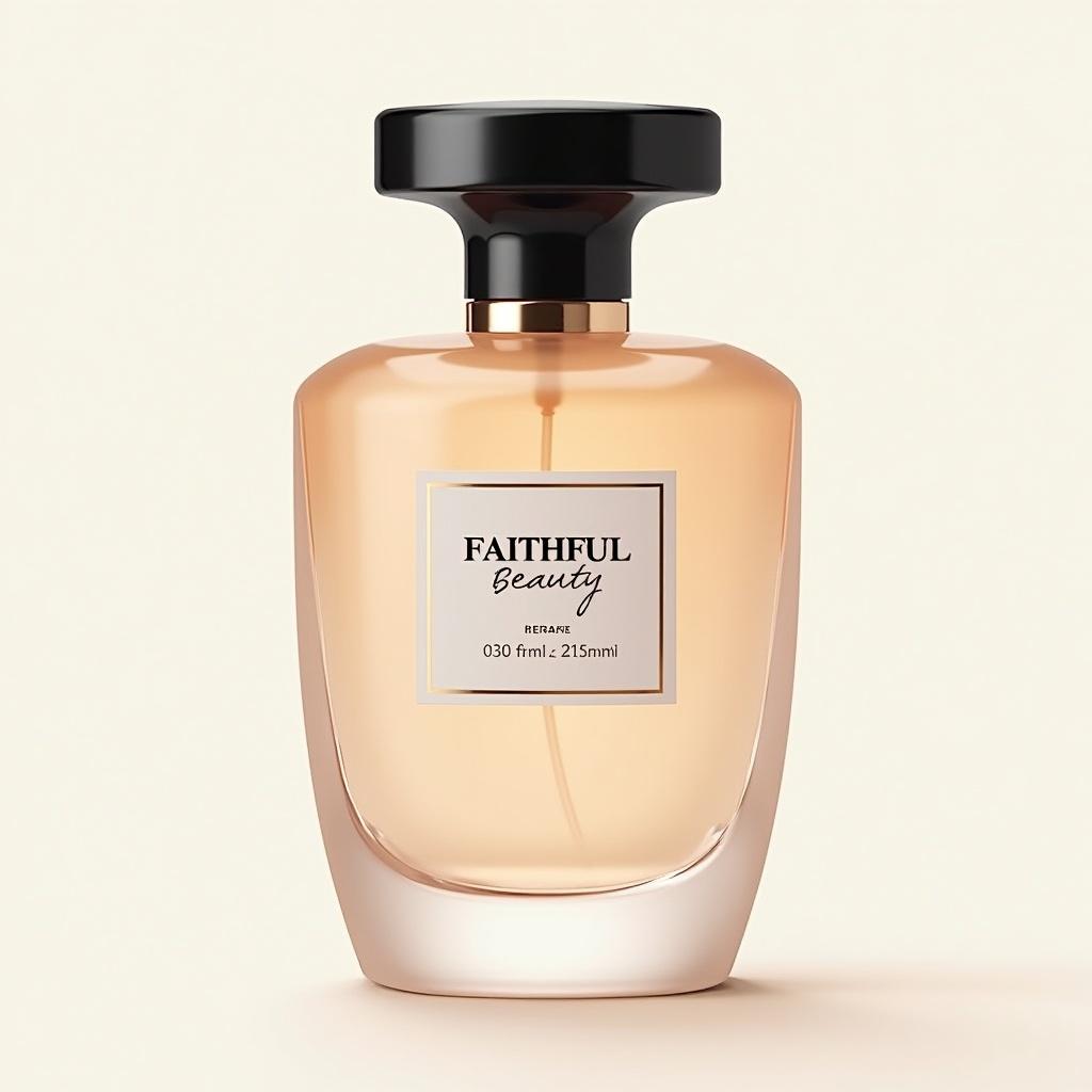 Design of an elegant women's perfume bottle. Peach-colored glass with a black cap. Label 'Faithful Beauty' prominently displayed.