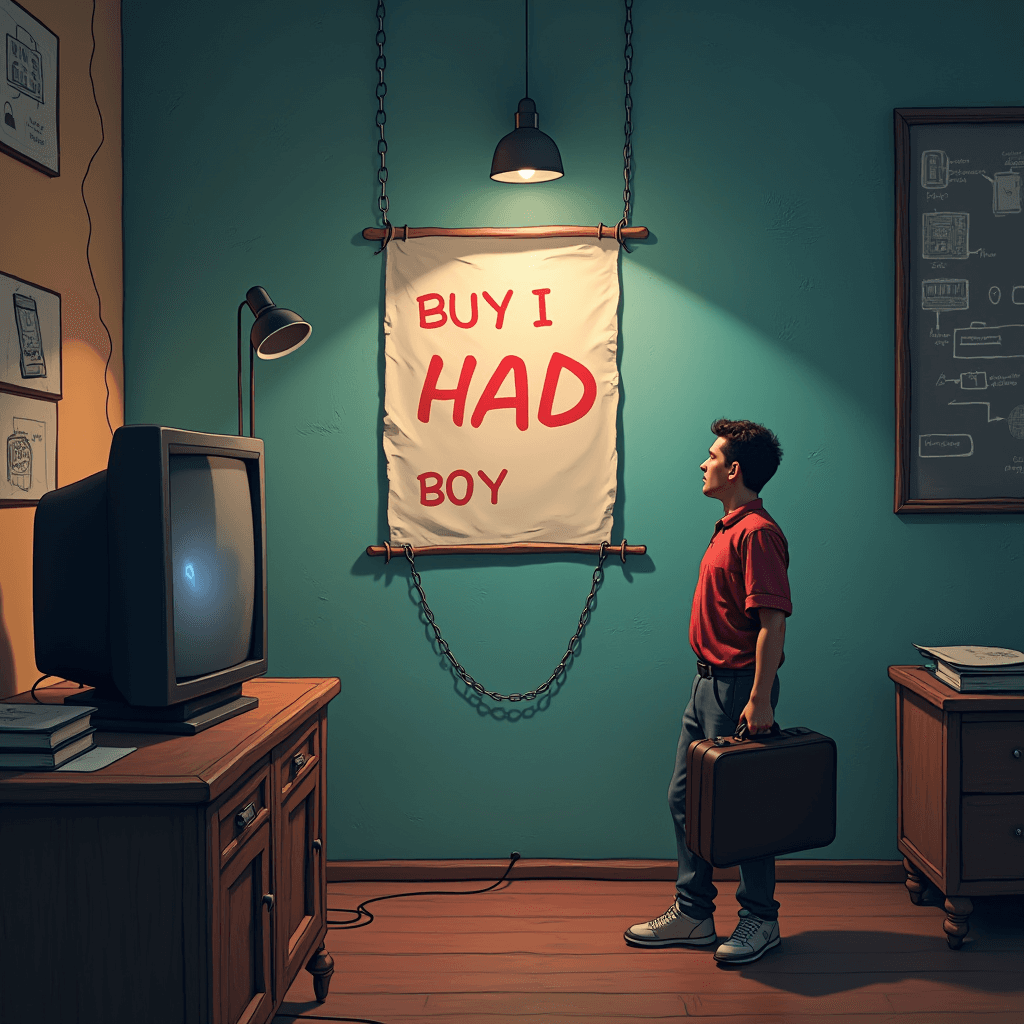 A man stands holding a suitcase, looking at a sign that reads 'BUY I HAD BOY' in a dimly lit room with a vintage TV.