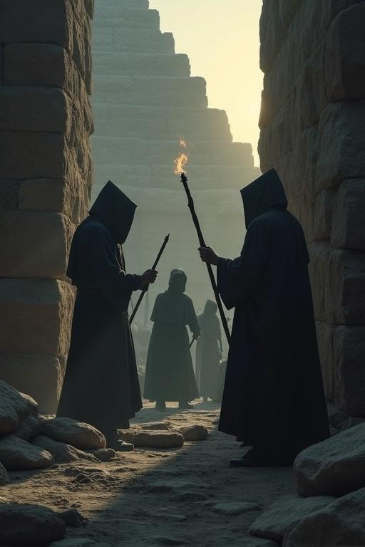 A scene with hooded figures in a mysterious construction site. They work with large stones for a monumental structure. Figures are silhouetted against a dramatic backdrop. Low light creates long shadows, enhancing the mystery. Rough-hewn stones and archaic tools are present. Intriguing and unknown atmosphere. Cinematic framing and high detail.