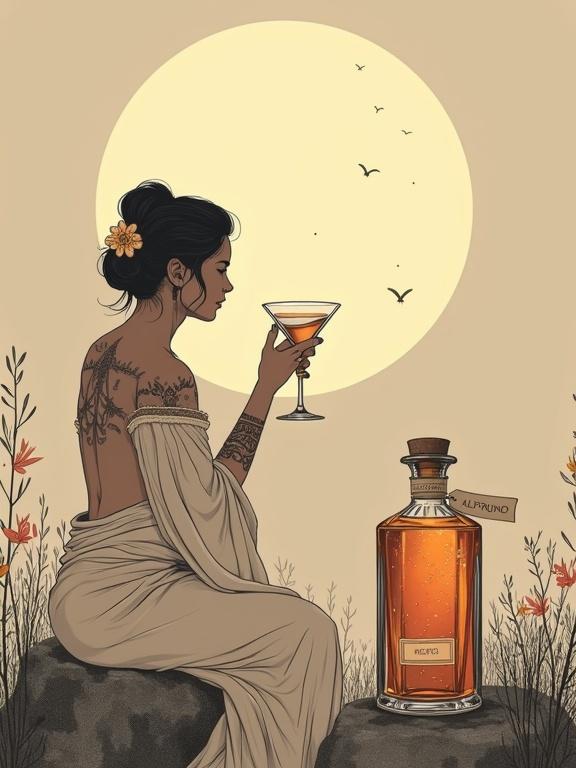 Minimalist portrait of a modern topless Venus goddess seated in a moonlit garden. She offers a toast with a cocktail glass of golden-reddish elixir to her male partner. Hair braided into a bun with a flower. Wearing a flowing blouse and wrap-skirt. An apothecary bottle labeled 'ALFRUNO' sits on a stone. Lynx watching the scene. Bold black outlines on a beige background.
