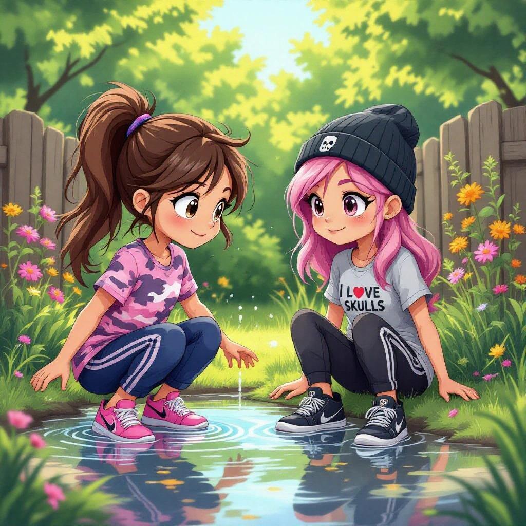 Brianna and Brandy in a garden splashing in a puddle on a hot day. Brianna has long dark blonde hair in a ponytail. She wears a pink camouflage shirt, navy-blue tracksuit pants and pink Nike sneakers. Brandy has pink hair. She wears a black beanie, a gray shirt that says "I Love Skulls", black tracksuit pants and black Nike sneakers.