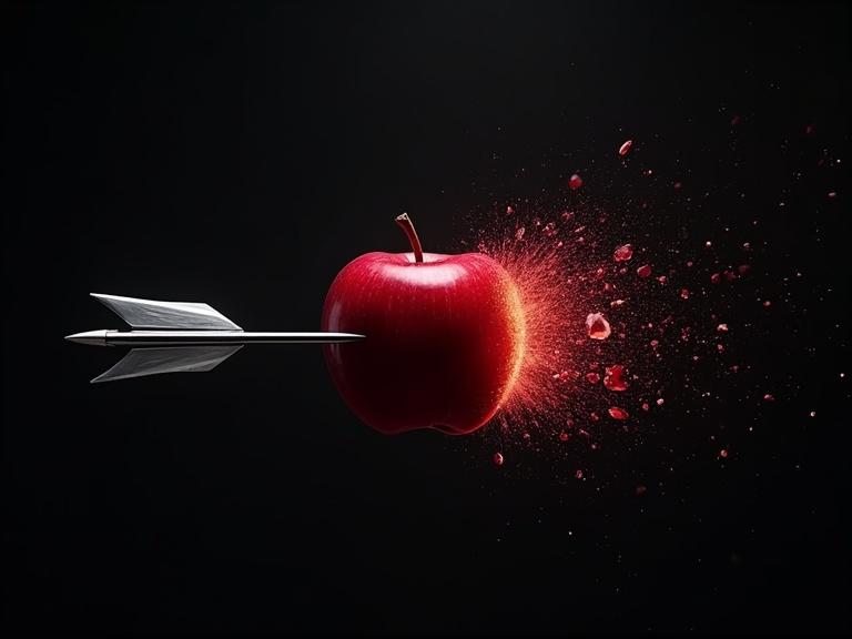 Image with a dark silver background. A sleek silver arrow flies toward a dark red apple. At the center, the arrow strikes the apple's core causing explosion with juice splatter and debris. Dramatic lighting and high resolution.