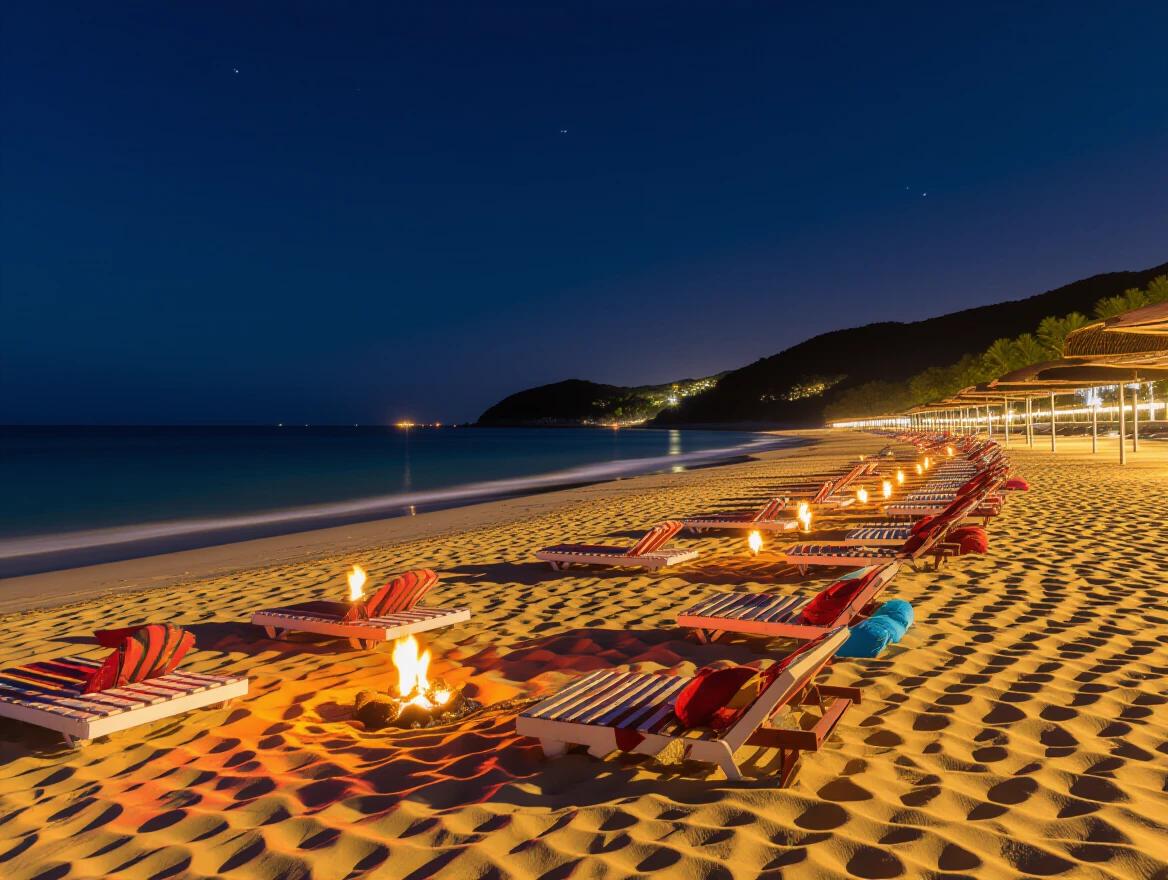 Night scene at a beach with lounge chairs and fire pits. Detailed and vivid with rich colors. A tranquil atmosphere inviting relaxation. Mountains in the background.
