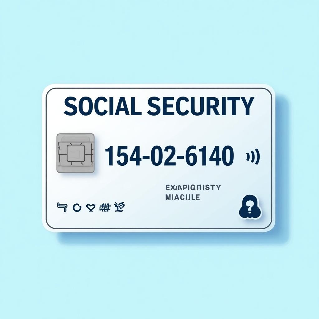 Generic social security card design. Prominent text on top. Key numbers displayed. Graphic chip for ID. Decorative official elements. Soft blue background. Professional and clean design.