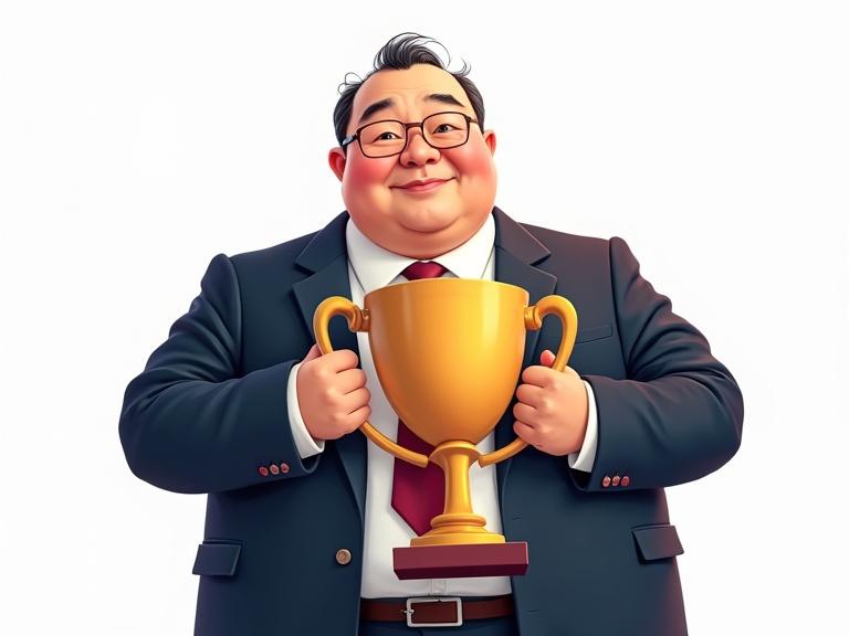 Illustration depicting a confident man in professional attire holding a trophy. Use rich maroons and navy blues for clothing. Background is transparent.