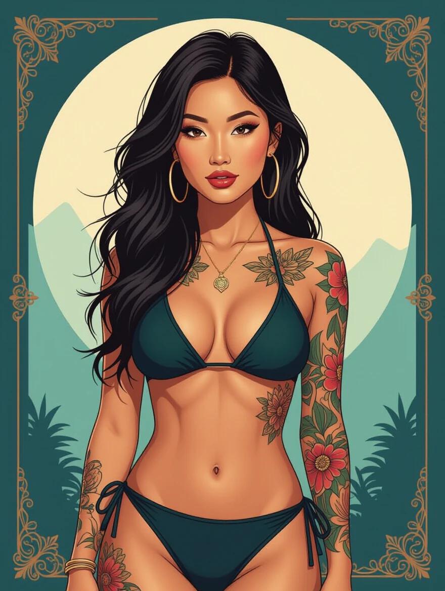 A digital illustration showcases a stylish woman with dark hair wearing a bikini. The woman has intricate tattoos on her arms and body. The illustration has a vibrant color palette with soft lighting. The background features soft shades that complement the figure.