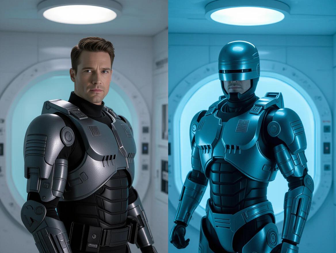 Before and after of a soldier in a chamber transformed into an armored cyborg RoboCop. Live action imagery with emphasis on the transformation.