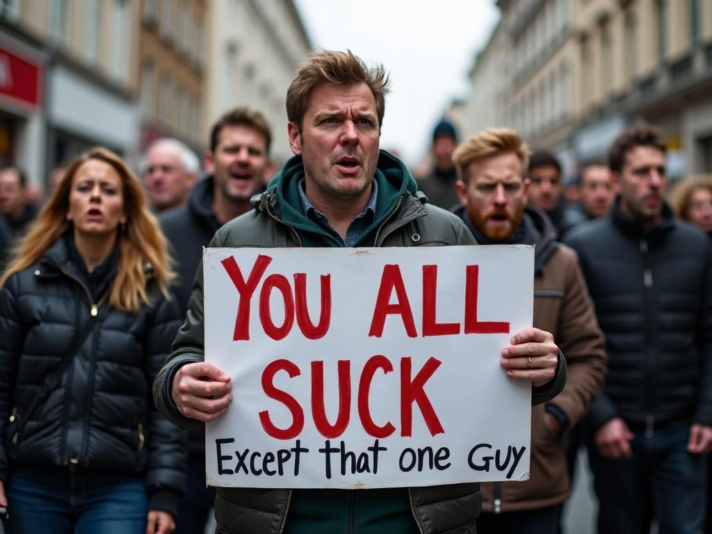 A group of people is marching down a city street during a protest. In the foreground, a man holds a large sign that reads 'YOU ALL SUCK Except that one Guy'. The crowd behind him appears serious and engaged. There are a mix of expressions among the marchers, reflecting a variety of emotions from determination to amusement. The setting shows urban buildings lining the street, emphasizing the public nature of the protest. The scene captures the essence of public demonstrations and the diverse viewpoints within such gatherings.