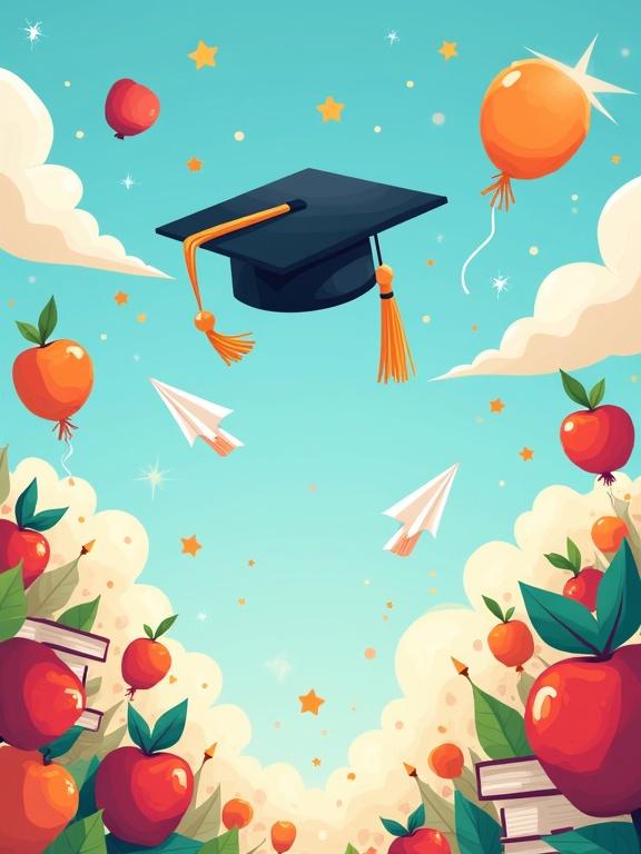 Graduation celebration cartoon illustration. Features a black graduation cap with a tassel. Bright balloons float in the sky. Colorful apples are scattered throughout. Paper planes fly around. Background has playful clouds and sparkling elements.