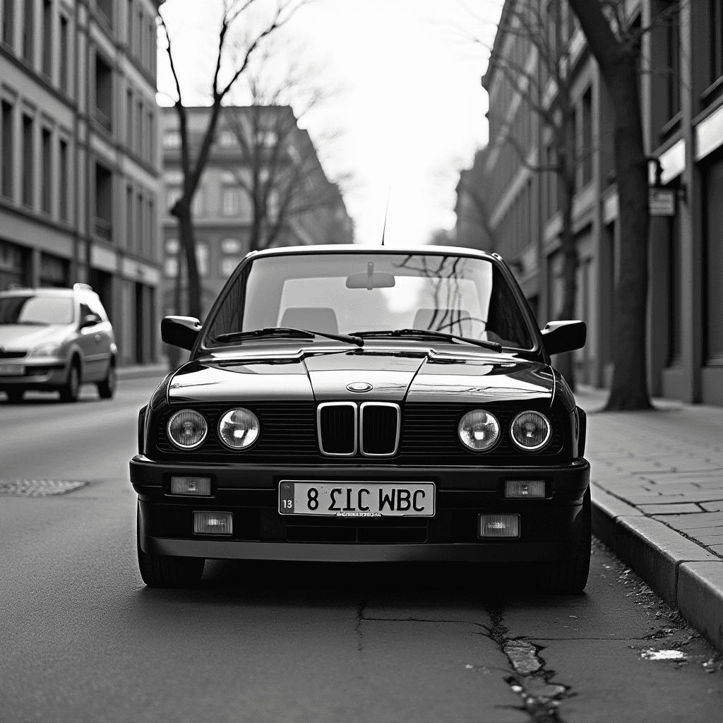 The image depicts a classic black car, likely a BMW, parked on an empty city street. The angle offers a frontal view, highlighting the iconic twin-kidney grille and round headlights. The street is lined with modern buildings, and bare trees flank the sidewalk, suggesting a late autumn or winter setting. The composition is in black and white, enhancing the timeless elegance of the vehicle against the urban backdrop. A second car is partially visible in the background, adding depth to the scene.