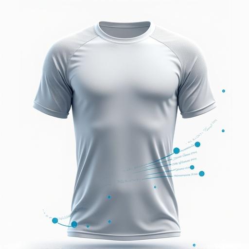 Illustration shows a men's short sleeve t-shirt designed for performance. Features airflow motion lines and moisture-wicking dots. Image is high-resolution with studio lighting and a clean white background.