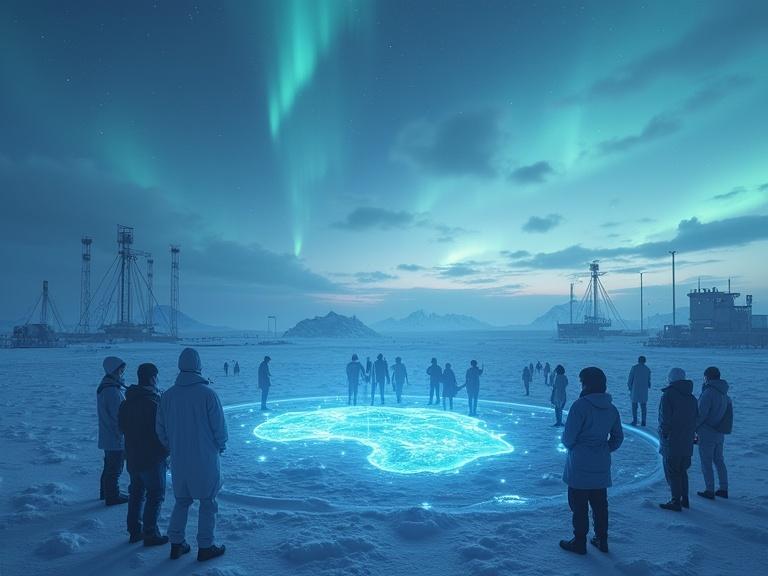 Futuristic Antarctic landscape with scientists and diplomats around a glowing digital map. Background features industrial machines and flags. Sky displays auroras and storm clouds. High-detail cinematic scene.