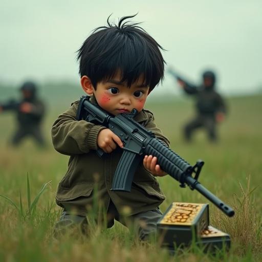 A young boy with black hair stands in a conflict scene. He holds a machine gun and looks determined. The background displays a green landscape with signs of a violent encounter. Nearby are boxes of ammunition showing the scenario's severity. The boy has visible signs of injury but maintains a fighting stance.