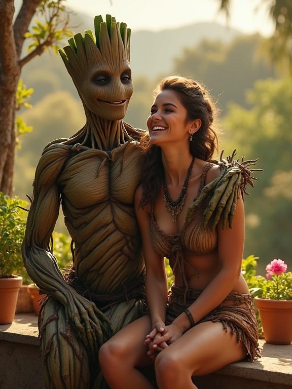 Tribal huntress in loincloth sits on terrace looking relaxed. Surrounded by flowers and garden. Groot from Guardians of the Galaxy appears behind her smiling. He hugs her gently. Sunlight shines through garden. Heartwarming atmosphere.
