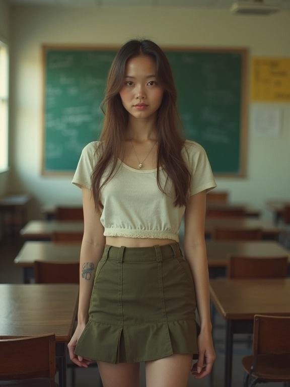 A teacher stands in her classroom. She wears a mini-skirt and a short top. The background shows wooden desks and a chalkboard. Soft lighting filters through the window, creating a warm atmosphere. The image has a low resolution aesthetic with slight color distortion.