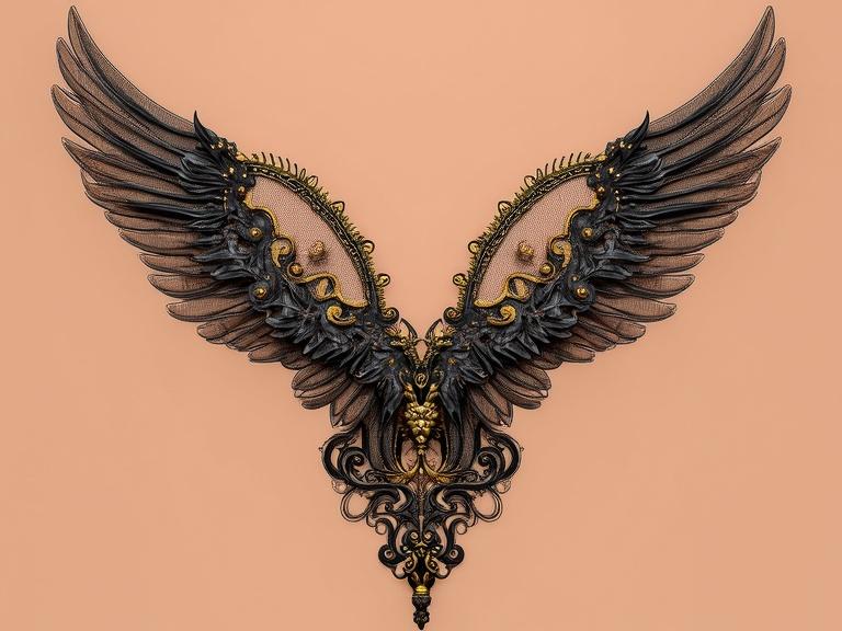 Beautiful illustration of intricate black and gold wings on a peach background. Detailed design elements make this art piece elegant and sophisticated.