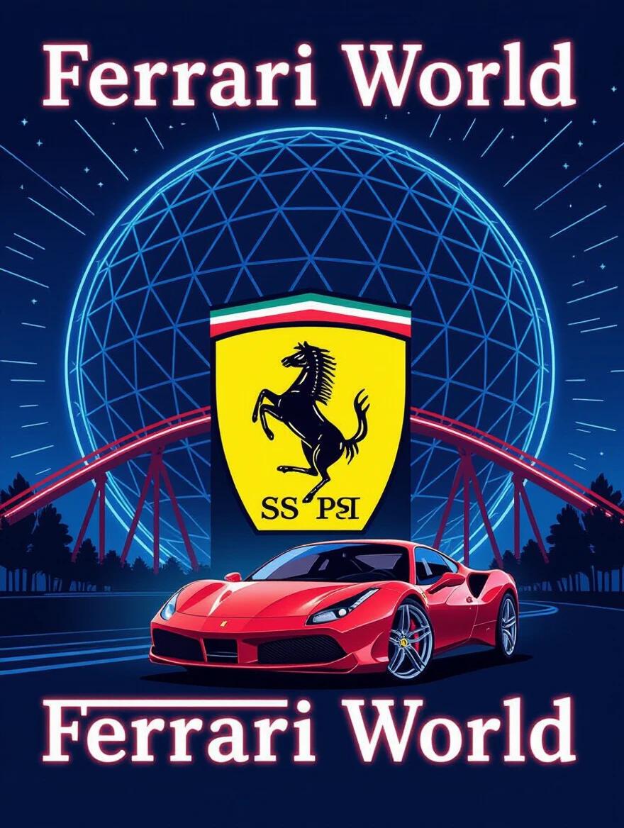 Poster design featuring Ferrari logo at center surrounded by iconic elements of Ferrari World. Illustration style is flat design with neon accents. The dome is highlighted along with a red sports car.