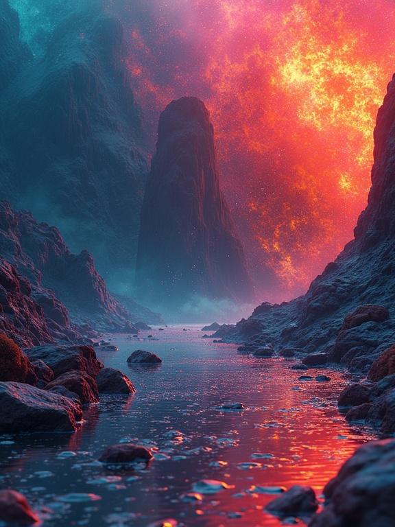 3D illusion artwork showcasing fantastical landscape with bright explosion in background. The scene features towering rock formations and a river, incorporating deep colors and intricate details. The artistic style combines elements from influential artists, creating a mesmerizing visual experience.
