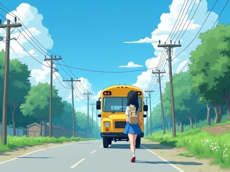 Nostalgic anime-style illustration of a young girl with long black hair walking away from a yellow school bus. Girl wearing white shirt blue skirt beige backpack on a rural road. Scene has bright blue sky fluffy white clouds green trees and grass. Utility poles lining the road. Sunlight casting soft shadows. Semi-realistic cartoon style with clean lines minimal shading. Bright cheerful mood.