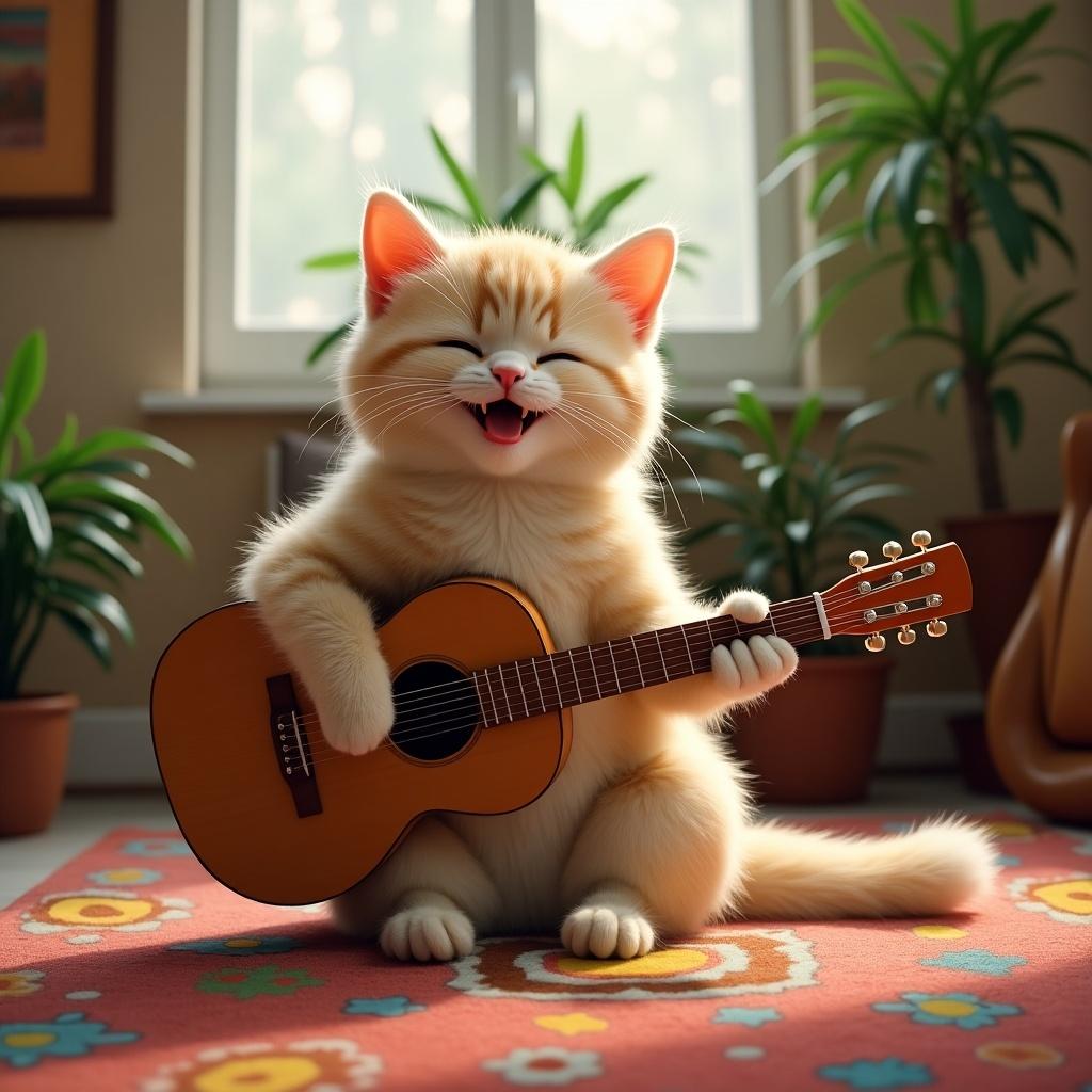 A cheerful cat with a fluffy coat plays a small guitar. The setting features lush indoor plants and a colorful rug. Natural light fills the room, enhancing the joyful atmosphere.