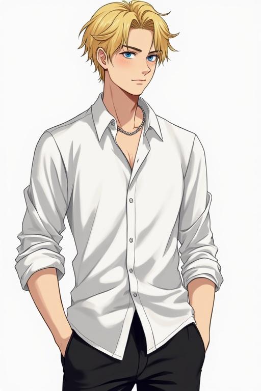 A cute university boy with blonde hair, blue eyes, wearing a white shirt and black pants, standing full body in manhwa style.