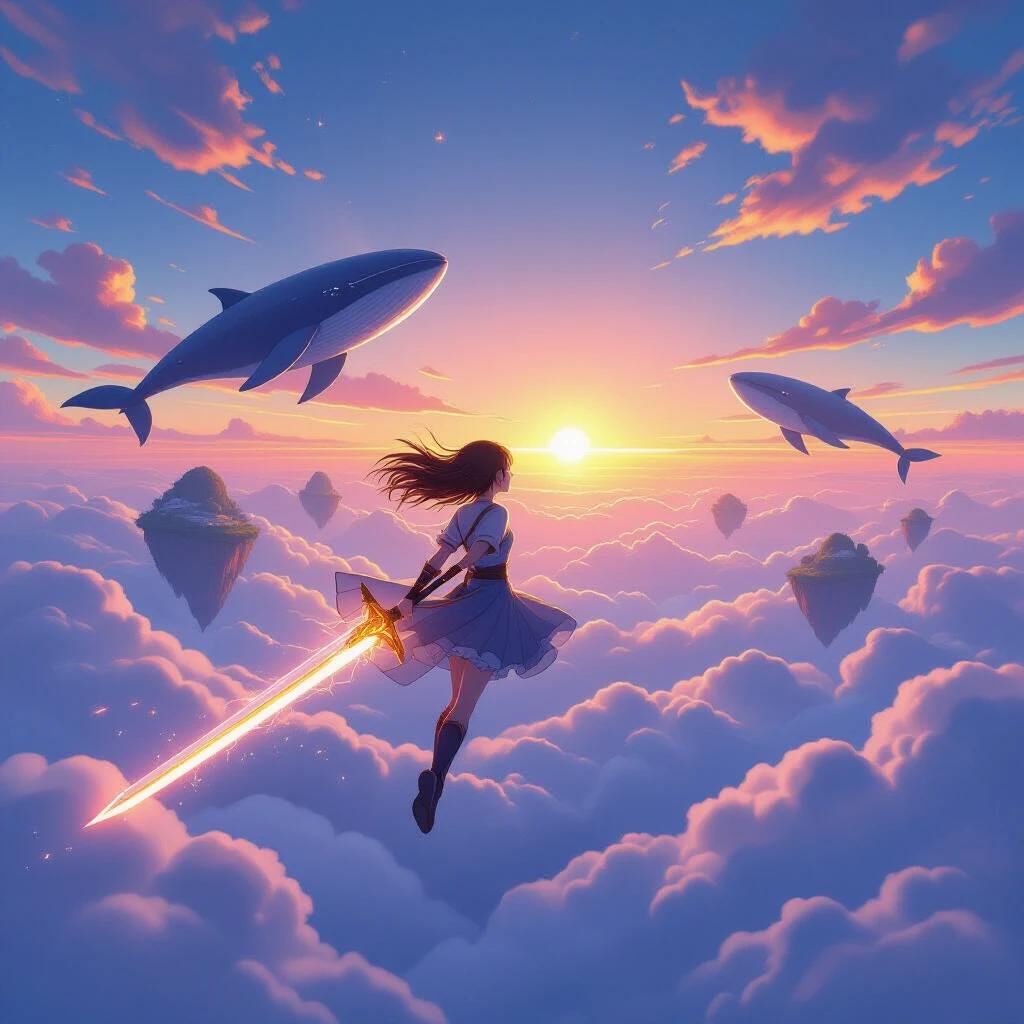Young heroine flying above clouds holding a glowing sword. Wind rushes through hair. Huge whales swim in the sky. Magical floating islands appear in the background. Sunrise colors fill the sky. Epic anime fantasy illustration with dynamic composition.