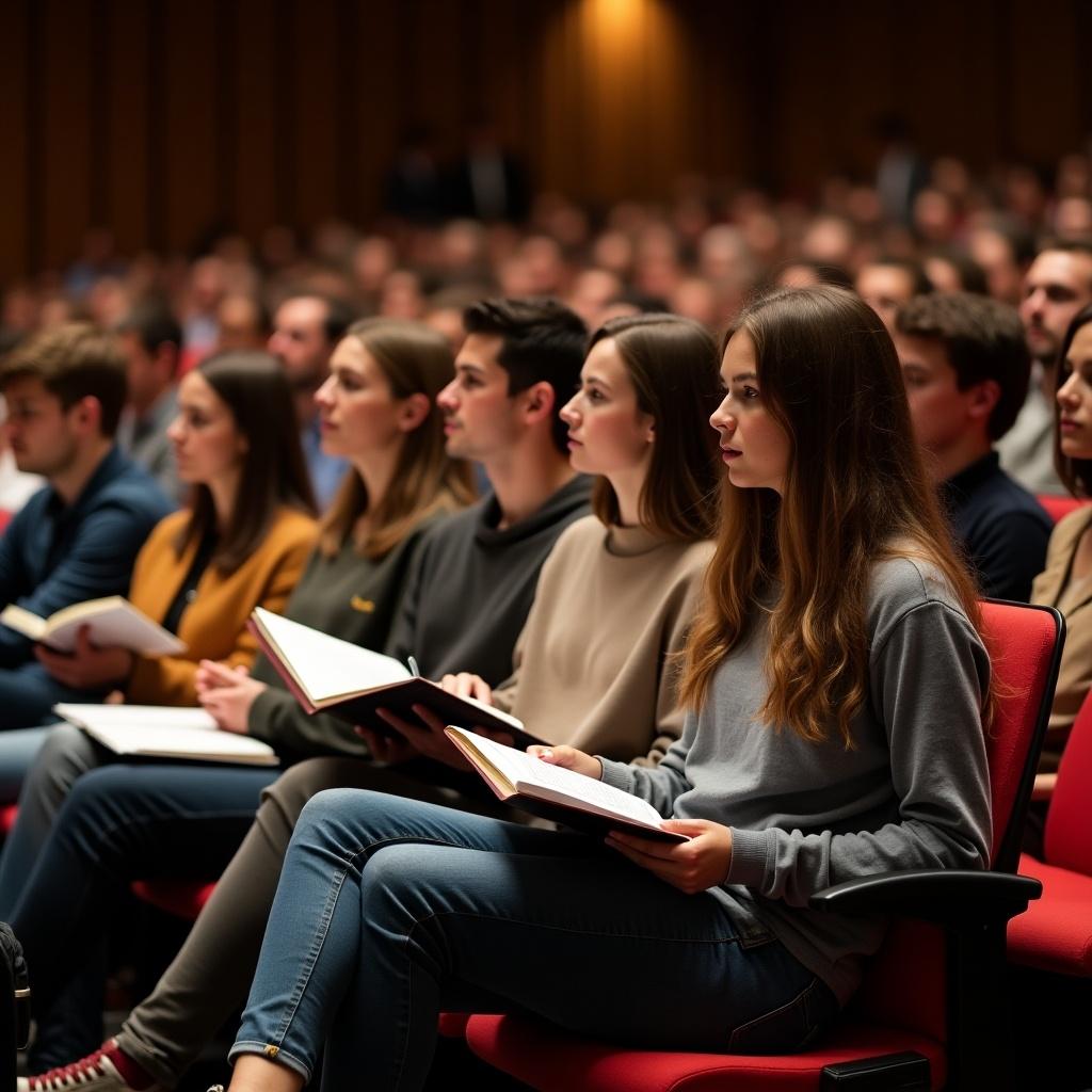 A group of young people is seated in a large lecture hall, each holding books and papers in their hands. The atmosphere in the room is focused as they listen intently, creating a sense of engagement. The audience is diverse, showcasing individuals wearing casual clothing, symbolizing a modern approach to education. Warm lighting highlights their expressions of curiosity and attentiveness. The scene captures a pivotal moment in learning, with an emphasis on connection among the students and the presentation happening in front of them.