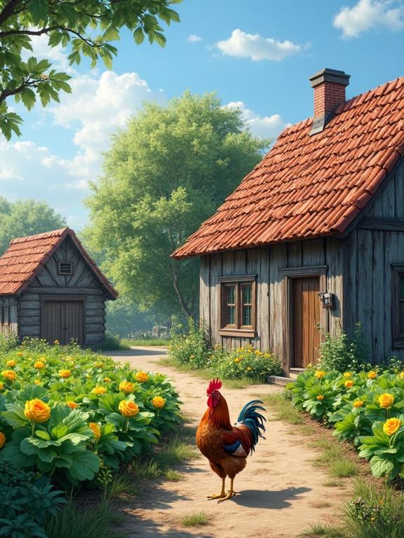 Charming rural farm scene with a farmhouse made of weathered wood. The roof is an aged red tile. The path is dirt and leads through a garden filled with lush green plants and yellow flowers. A rooster stands proudly on the path, suggesting free-range living. The environment includes a blue sky with scattered white clouds and trees enhancing the peaceful atmosphere. Everything appears well-maintained and vibrant.