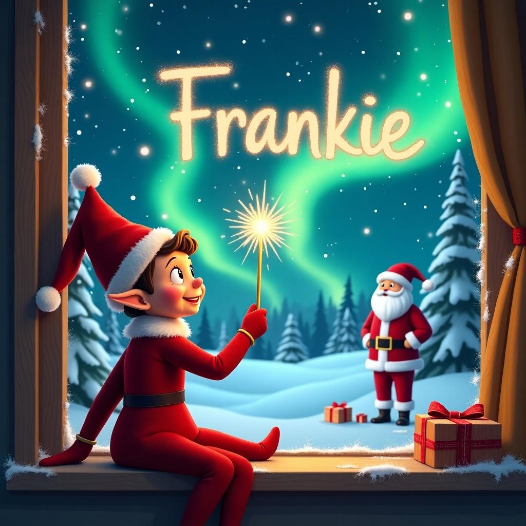 Image depicts an elf on a window ledge writing in the sky. The elf wears a red outfit and pointed hat. Outside, a winter landscape with snow-covered trees and northern lights. Santa Claus stands with gifts in the background. Image captures Christmas magic and childhood joy.