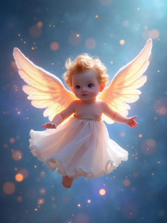 Floating angel surrounded by a multicolored spiral of light. Cotton-like body radiating gentle light. Sweet baby face with rosy cheeks and bright violet eyes. Soft blonde hair elegantly styled. Large silky wings reflecting light. Elegant short white tunic with gold trim. Surrounded by glowing sparkles and warm aura. Balance of child innocence and celestial majesty.