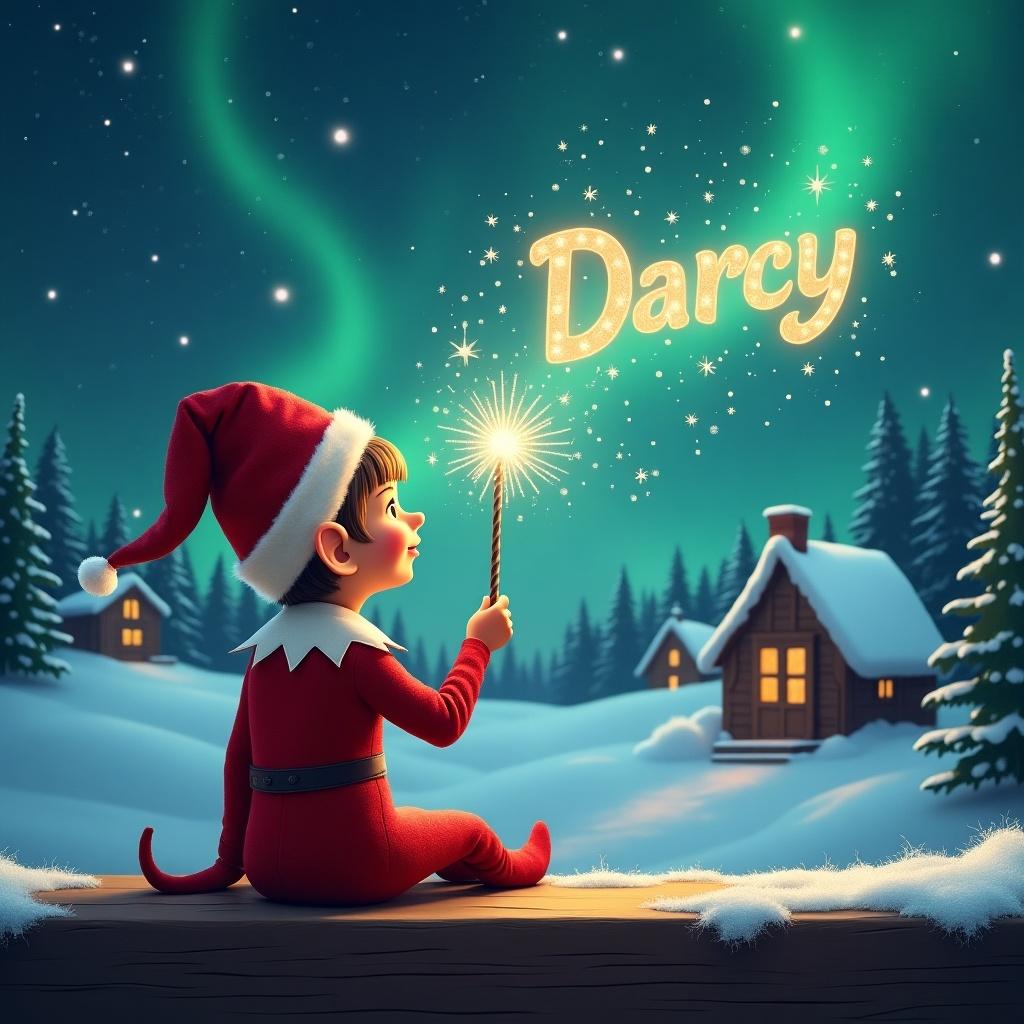 An elf sits on a wooden ledge with its back to the camera, gazing at a magical sky. The elf, dressed in a red outfit with a pointed hat, holds a sparkling wand. With the wand, the elf elegantly writes the name Darcy in the starry sky. The background features a snowy landscape with charming little houses and evergreen trees under the shimmering Northern Lights. This whimsical scene captures the essence of childhood magic and Christmas cheer.