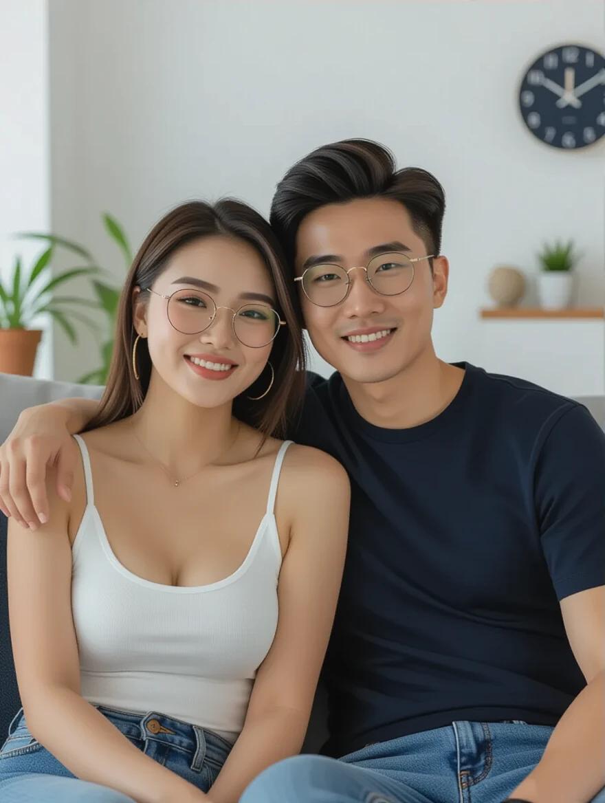 High-detail photo of a young Asian couple sitting together. The woman wears natural makeup with large glasses. The couple is casually dressed and sits on a sofa in a modern room. The setting features plants and a clock in the background. They look directly at the camera with a relaxed posture.