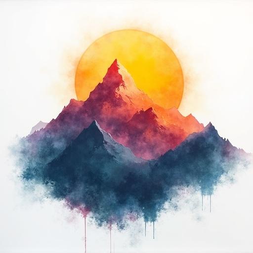 Illustration depicting mountains with a sun shape in a vibrant color palette against a white background. The central composition features diverse shapes of mountains with the sun illuminating the scene.