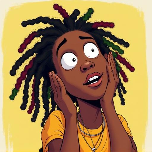 Illustration depicts a character with colorful braided dreadlocks showing amazement and a big smile. The character has a cheerful expression against a bright yellow background.