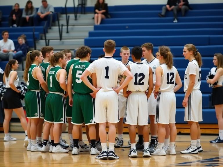 Photograph of high school basketball game with players standing in huddle on court. Two teams visible, one in green jerseys and one in white jerseys. Focus on communication among players. Gymnasium setting with bleachers and spectators. Cheerleaders in background. Bright indoor lighting, dynamic composition emphasizing teamwork.
