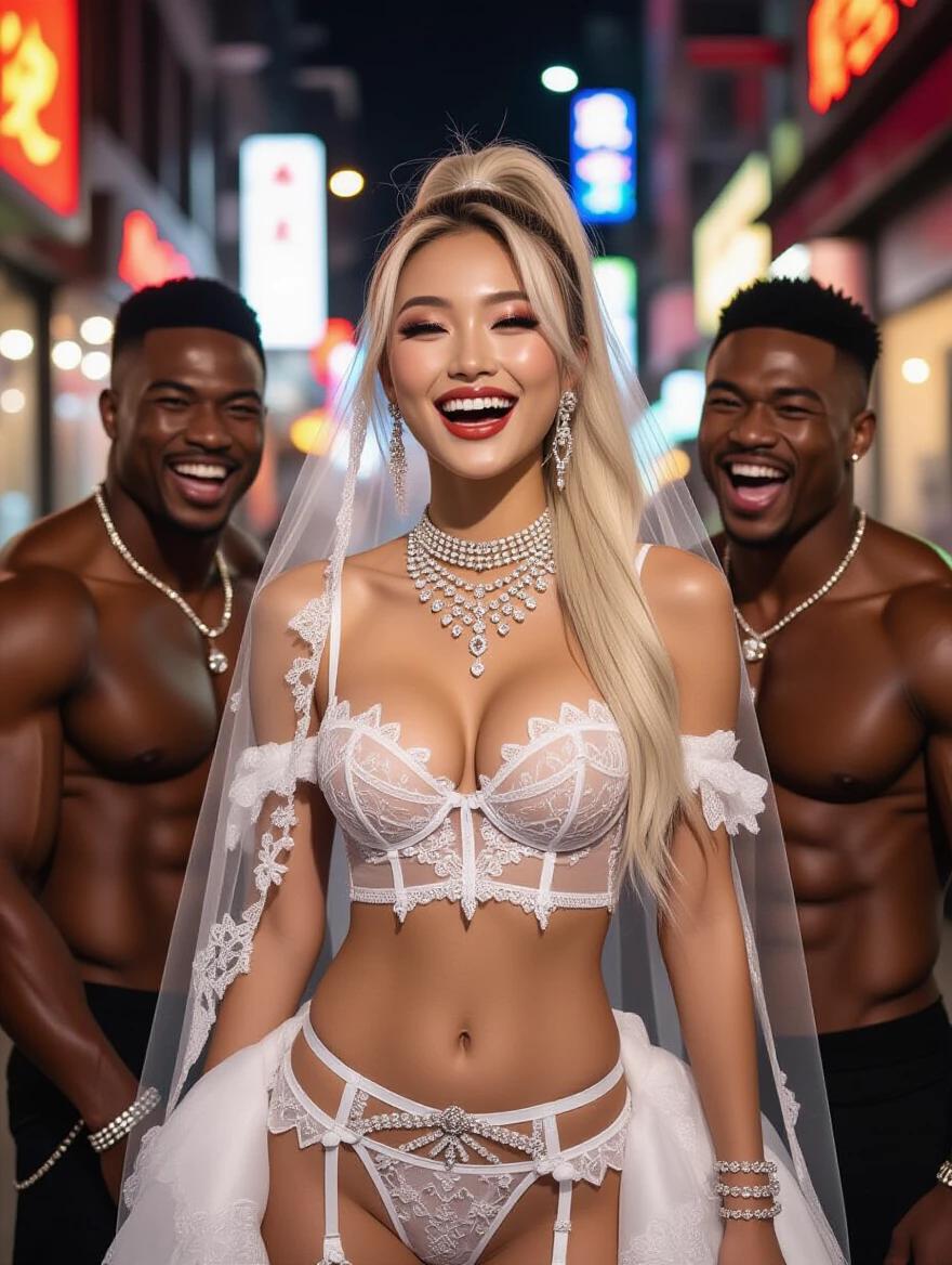 Asian model poses in wedding lingerie. Model has a high blonde ponytail and wears a veil. Model accessorizes with crystal jewelry. Warmly lit narrow street scene. Model laughs with her muscular friends in the background. Impressive confidence and style on display.