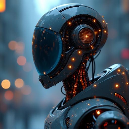 Image of a futuristic robot head showcasing advanced AI technology. A glowing visor and intricate details represent innovation and efficiency. Suitable for promotional materials about AI and technology for improving team efficiency.